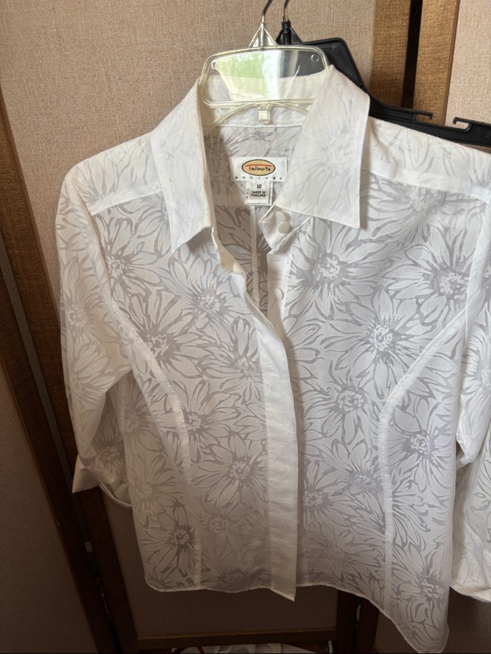 Talbots Collection White Floral Sheer Button-Up Shirt 10